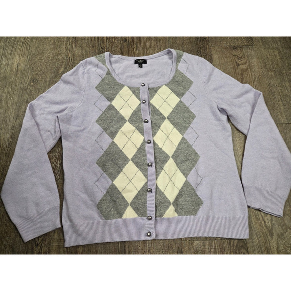 Talbots Wool Angora Blend Argyle Cardigan Sweater L Light Purple Lavender - Picture 1 of 4